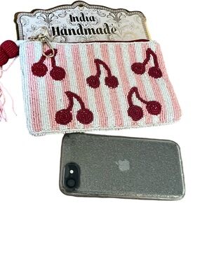 Pink and Red Cherry Beaded Pouch 🍒 Beaded bag fits iPhone 📱 cherry viral beaded
